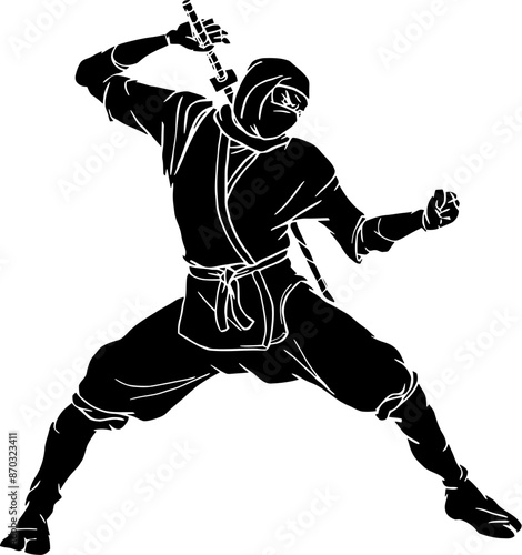 Ninjutsu fighter. Ninja, Japanese wrestler. Japan martial art. Asian warrior in mask, wrestling pose, stance, defending position, posture. vector illustration isolated on white background