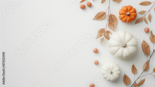 A simple, yet elegant white background with autumnal elements. White pumpkins and brown leaves are arranged on the right side, leaving plenty of space for text