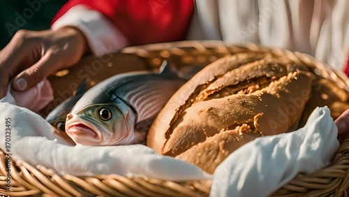 Jesus holding a basket with fish and bread. Symbolizing the miracle of feeding the multitude. Jesus blessing the bread and fish