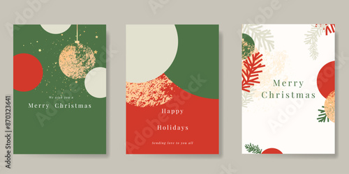 Set of Merry christmas background cover vector. Elements of pine leaves, hanging ball, star, gold foil texture on green, red and white background. Design for flyer, greeting card, poster, advertising.