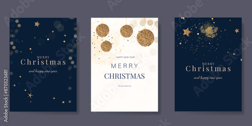 Wallpaper Mural Luxury christmas and happy new year holiday cover template vector set. Gold hanging ball, twinkling star on navy blue and white background. Design for card, corporate, greeting, wallpaper, poster. Torontodigital.ca