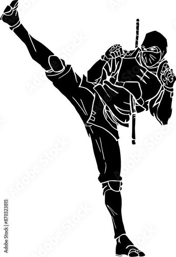 Ninjutsu fighter. Ninja, Japanese wrestler. Japan martial art. Asian warrior in mask, wrestling pose, stance, defending position, posture. vector illustration isolated on white background