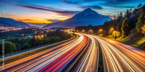 Wallpaper Mural Night road in motion with cars speeding. Traffic on the highway at dusk. Travel outdoors with transportation curves. Driving in twilight with long exposure. Mountain landscape Torontodigital.ca