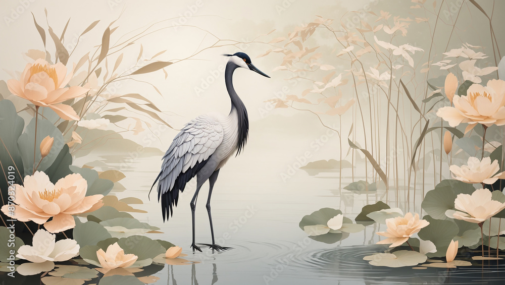 Naklejka premium A white egret with a long black beak stands