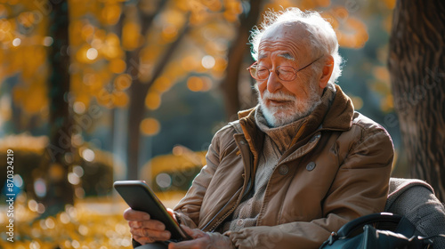 Senior man wearing glasses and jacket, sitting outside on a bench, looking at a tablet, surrounded by autumn foliage in a park. photo