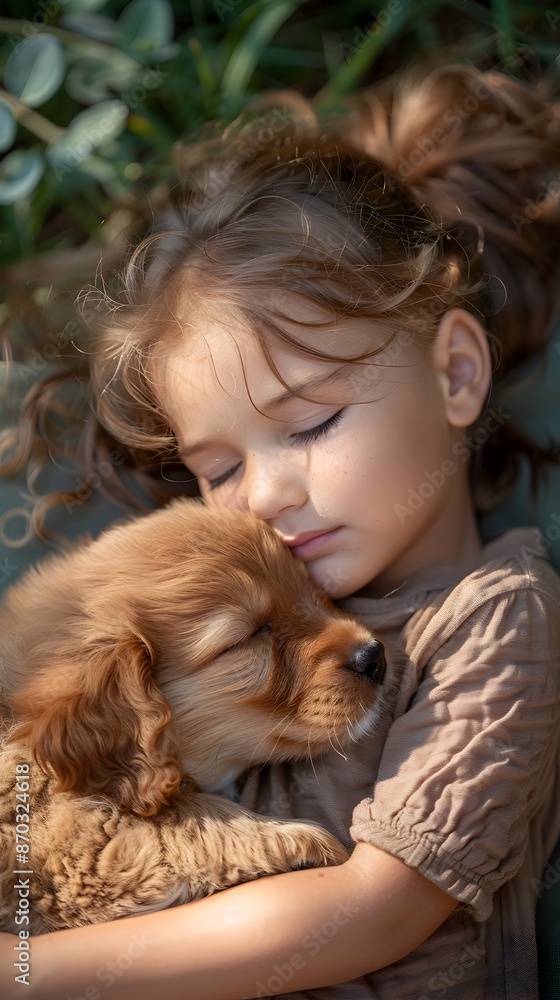 Fototapeta premium Serene Slumber Child and Puppy Napping in Sunny Backyard