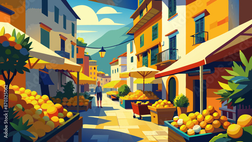 Vibrant Mediterranean Town Street with Citrus Market