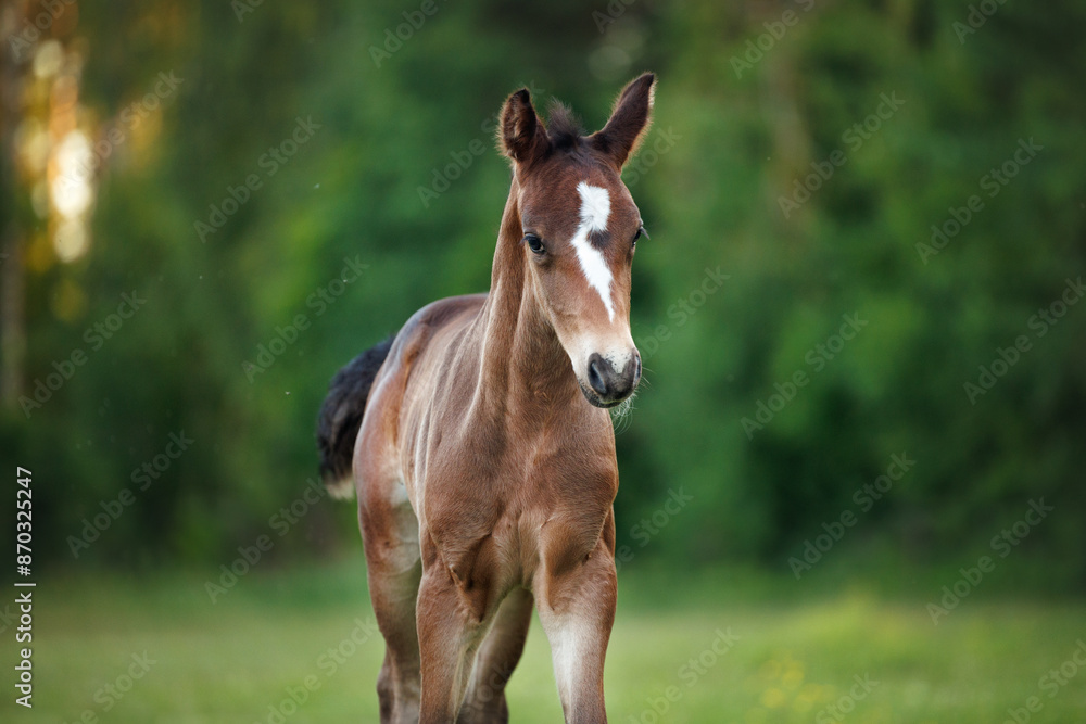 Obraz premium cute brown foal walking in summer evening, close up portrait