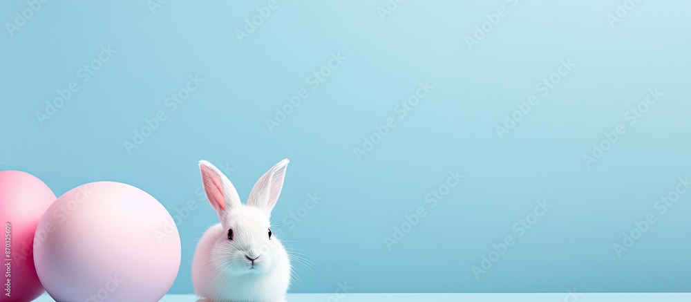 Easter-themed greeting card featuring a white porcelain rabbit and a pink egg displayed on a blue background with copy space image for a minimal egg dyeing concept. Easter-themed greeting card featuring a white porcelain rabbit and a pink egg displayed on a blue background with copy space image for a minimal egg dyeing concept.