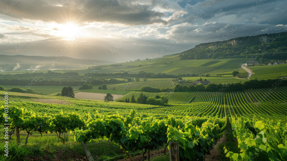 Naklejka premium A picturesque view of rolling hills covered in vineyards in the Burgundy region of France. The sun shines brightly, illuminating the lush greenery