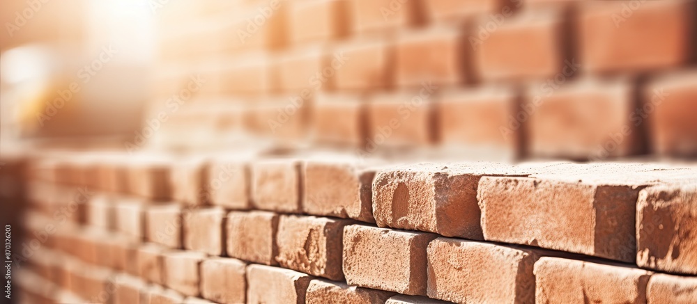 Fototapeta premium Foreground-focused side view of a brick wall at a construction site with a clear area for text or image placement, known as copy space image.