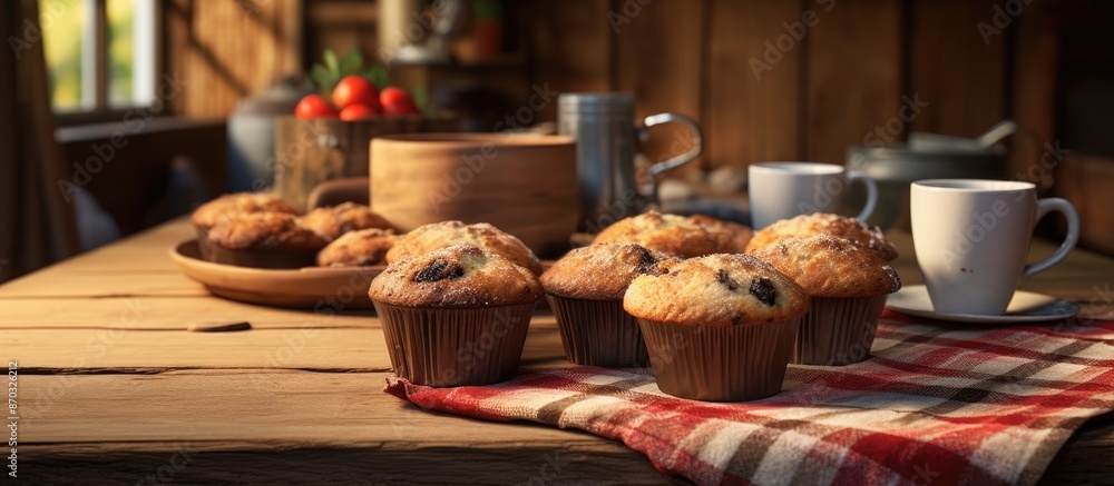 Naklejka premium Cozy kitchen inside a modern wooden country house, featuring muffins and tea on the table, no people present, with space for text or images. with copy space image. Place for adding text or design