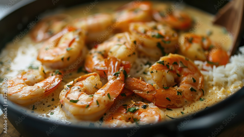 A close up photo of a skillet containing cooked shrimp and rice in a creamy coconut sauce A close up photo of a skillet containing cooked shrimp and rice in a creamy coconut sauce
