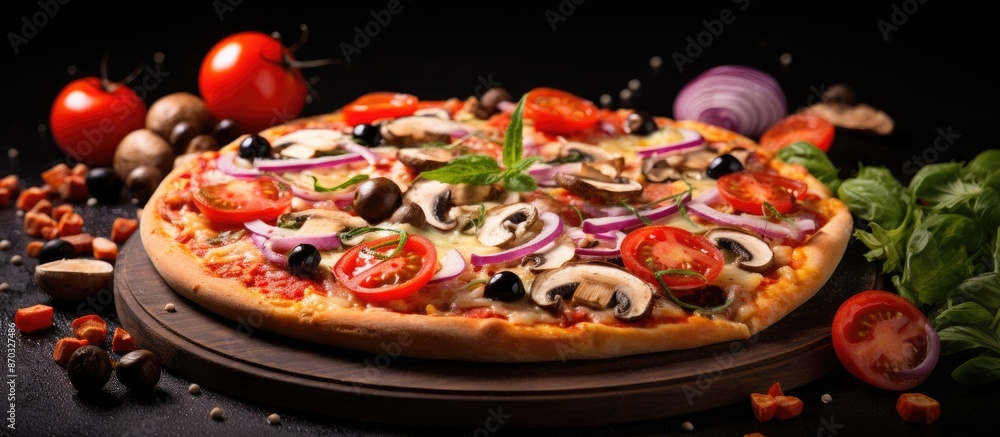 Freshly made pizza topped with mushrooms, tomatoes, cheese, onion, oil, pepper, salt, basil, and olives, displayed on a dark background with ample copy space image. Freshly made pizza topped with mushrooms, tomatoes, cheese, onion, oil, pepper, salt, basil, and olives, displayed on a dark background with ample copy space image.
