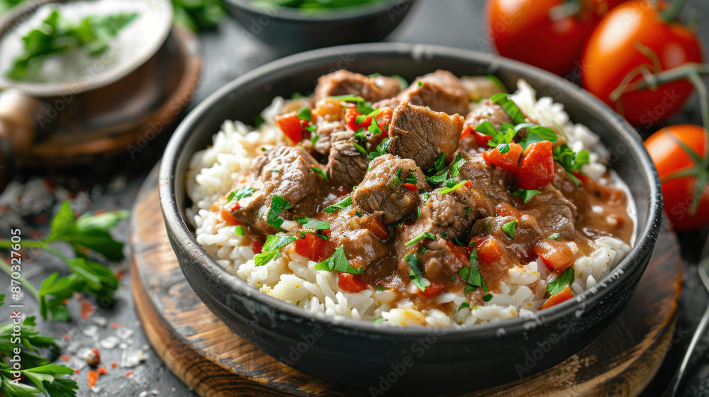 A bowl of Creamy Veal Ragout with rice, garnished with parsley and red peppers, photographed on a rustic wooden table A bowl of Creamy Veal Ragout with rice, garnished with parsley and red peppers, photographed on a rustic wooden table