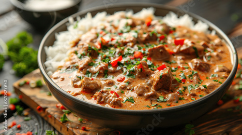 A close-up of a bowl of creamy veal ragout served over rice. This dish is a traditional Dutch recipe