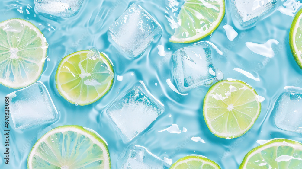 Close-up image of lime slices floating in a pool of icy blue water. The limes are fresh and bright, with their green flesh contrasting with the cool blue of the water Close-up image of lime slices floating in a pool of icy blue water. The limes are fresh and bright, with their green flesh contrasting with the cool blue of the water