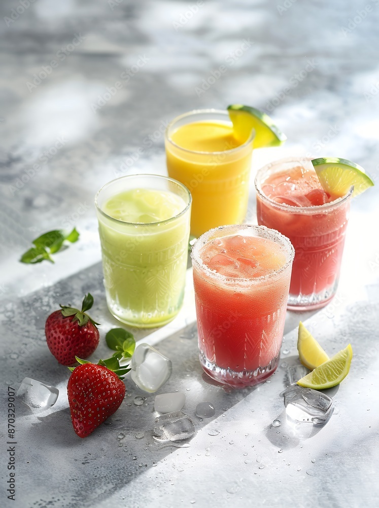 Four glasses of smoothies in different colors and shapes, such as watermelon color, mango color, lemon yellow color, and strawberry red color, on a light grey background, minimalism, real photo. The s Four glasses of smoothies in different colors and shapes, such as watermelon color, mango color, lemon yellow color, and strawberry red color, on a light grey background, minimalism, real photo. The s
