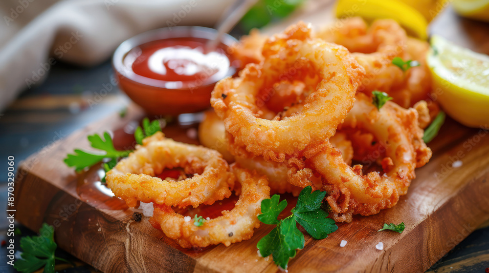 Close-up of golden-brown fried calamari rings on a wooden cutting board, with a small bowl of marinara sauce and lemon wedges in the background Close-up of golden-brown fried calamari rings on a wooden cutting board, with a small bowl of marinara sauce and lemon wedges in the background