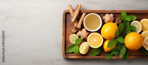 Top view of a wooden tray with oranges, mint, lemons, ginger, honeycomb, and apple on a plywood background for making a natural hot drink, conveying a clean eating and detox concept, with copy space photo