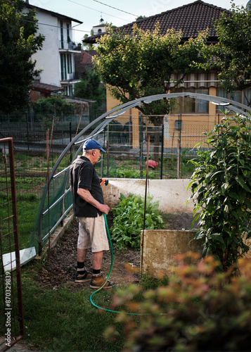 Obraz na płótnie Foto scattata nelle colline di Tassarolo ad un uomo che innaffia il proprio giardino. w salonie