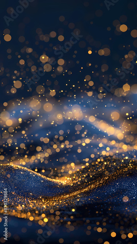 Abstract background with golden glowing particles on dark blue ripples