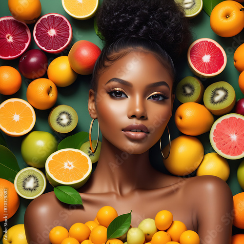 illustration fashion portrait of a beautiful black model posing on camera with fruits background