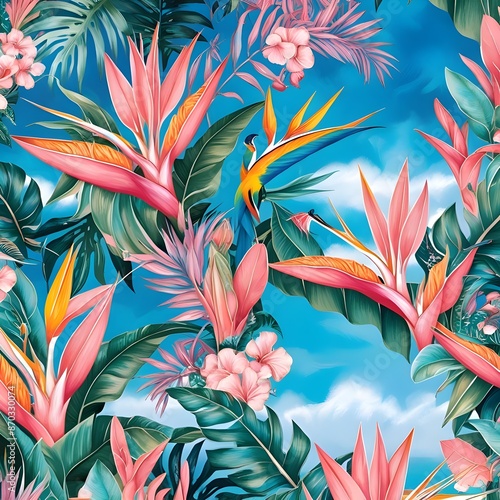 Tropical plants seamless pattern, Bird of paradise, Selenicereus chrysocardium and Hoya obovata on blue background, blue and pink tones Generative AI photo