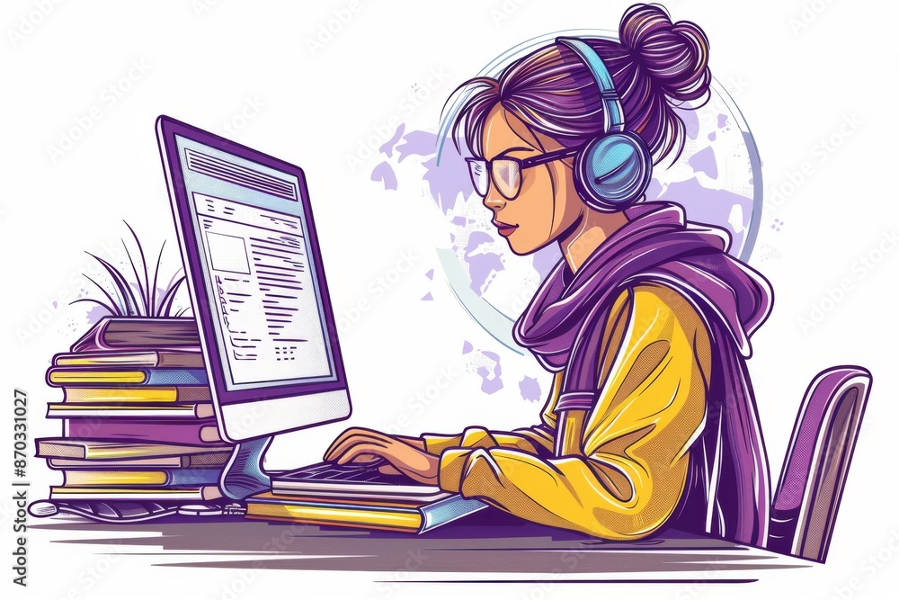 Young woman studying at a desk with books and a laptop illustrating focus education and learning in a colorful engaging style Young woman studying at a desk with books and a laptop illustrating focus education and learning in a colorful engaging style