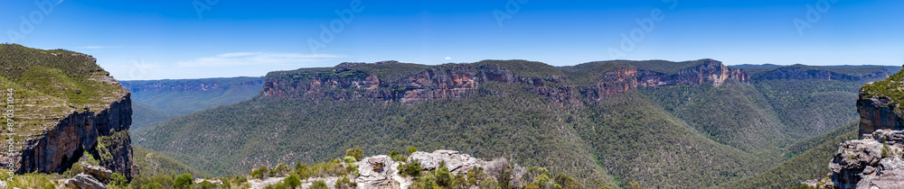 Walls Lookout, a panoramic view of the Blue Mountains National Park in New South Wales, Australia, featuring a lush valley, rugged cliffs, and a clear blue sky. Walls Lookout, a panoramic view of the Blue Mountains National Park in New South Wales, Australia, featuring a lush valley, rugged cliffs, and a clear blue sky.