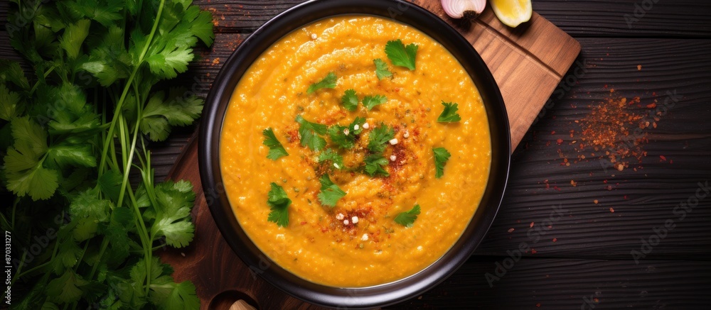 Top view of traditional Turkish or Arabic red lentil soup on a wooden background with copy space image, a healthy vegan dish made with lentils and vegetables, known for its spicy flavor profile.