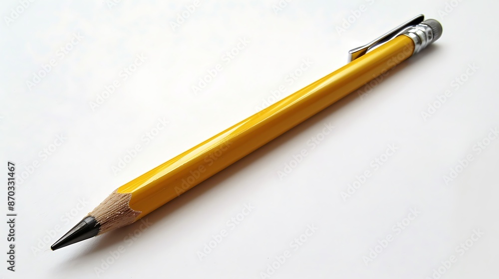 A pristine yellow pencil with a perfectly aligned metal ferrule and eraser A pristine yellow pencil with a perfectly aligned metal ferrule and eraser