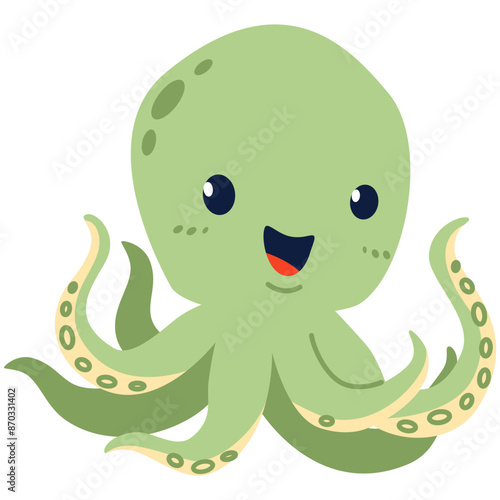 Children's flat vector illustration on white background. Cute green octopus . Vector illustration