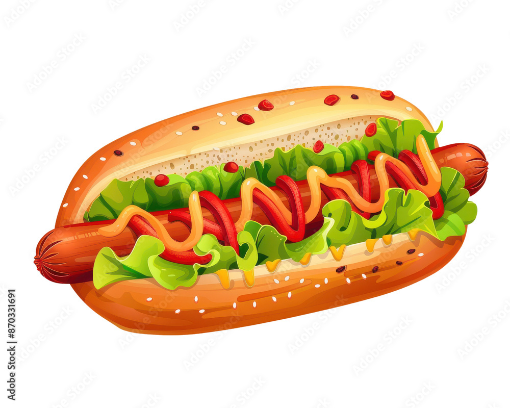 Delicious hot dog with lettuce, ketchup, and mustard in a sesame seed bun. Perfect for barbecue, picnic, or fast food advertising. Delicious hot dog with lettuce, ketchup, and mustard in a sesame seed bun. Perfect for barbecue, picnic, or fast food advertising.