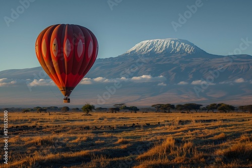 Amboseli National Park with view on snow summit of Kilimanjaro in Kenya. Safari Hot air ballon experience in early morning