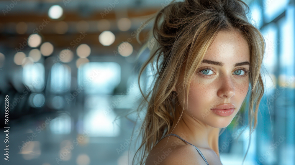 A woman with long blonde hair and blue eyes is standing in front of a window. She has a serious expression on her face A woman with long blonde hair and blue eyes is standing in front of a window. She has a serious expression on her face