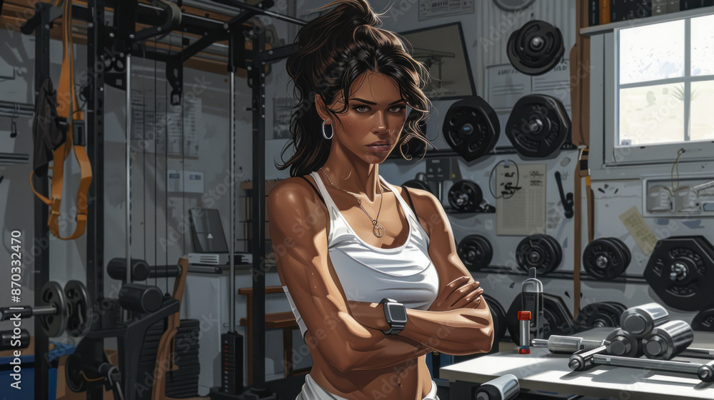 A woman is standing in a gym with a white tank top on. She is wearing a watch and has her arms crossed A woman is standing in a gym with a white tank top on. She is wearing a watch and has her arms crossed