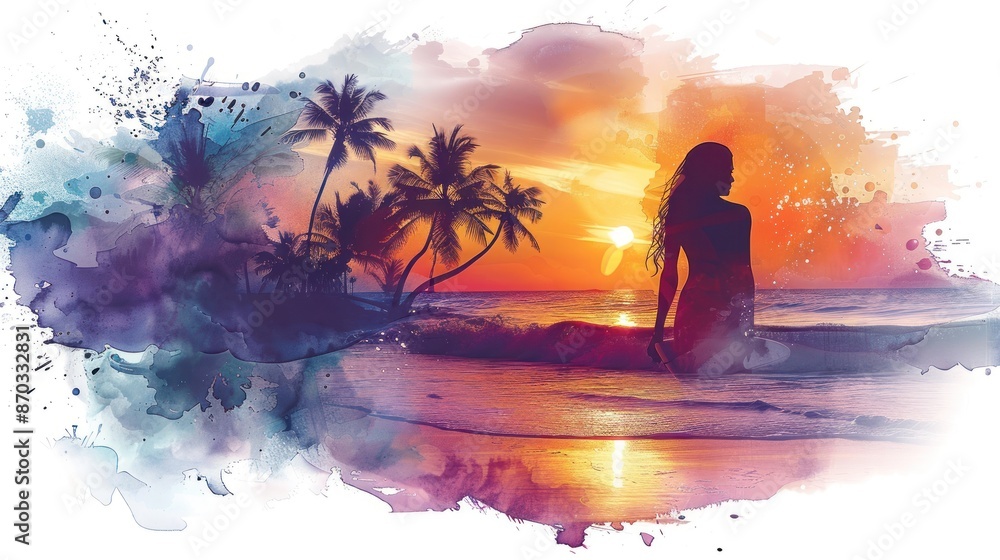 Fototapeta premium Surfer at dusk, sitting on surfboard, serene sunset sky