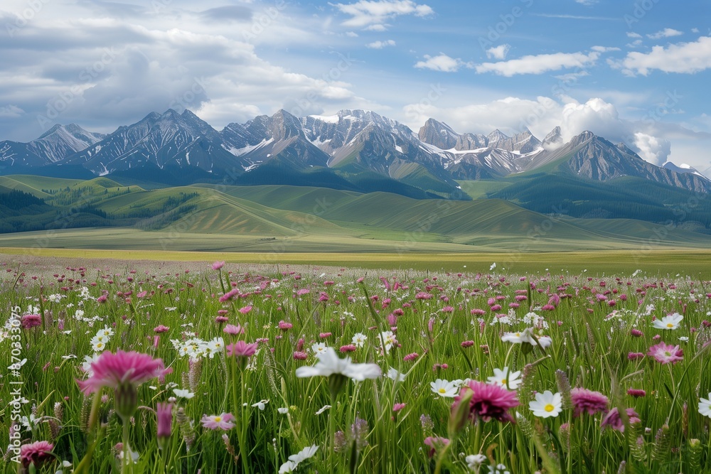 Fototapeta premium Flowers field on the background of snowy mountain peaks in the Altai mountains. Beautiful natural landscape.