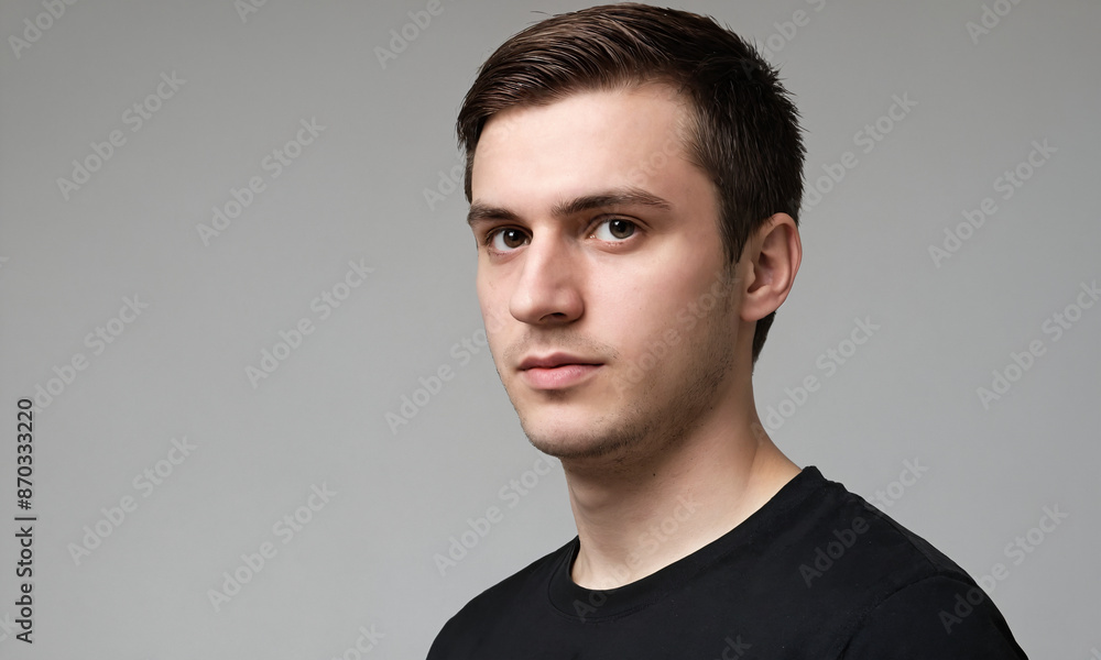 Young man with short brown hair looking directly at camera Young man with short brown hair looking directly at camera