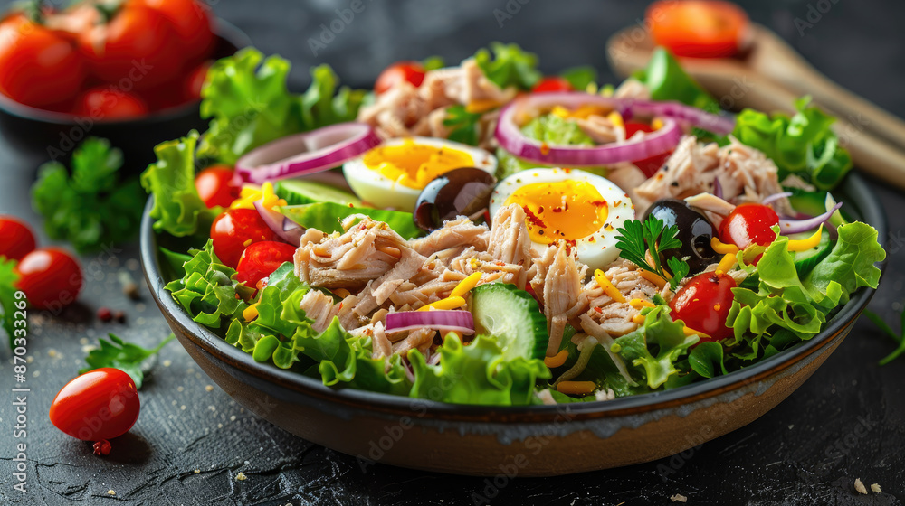 Fresh Salad with lettuce leaves, tomatoes, tuna meat, cucumber, bell pepper half rings olive red onion and canned egg served on a dark marble ceramic plate table Fresh Salad with lettuce leaves, tomatoes, tuna meat, cucumber, bell pepper half rings olive red onion and canned egg served on a dark marble ceramic plate table