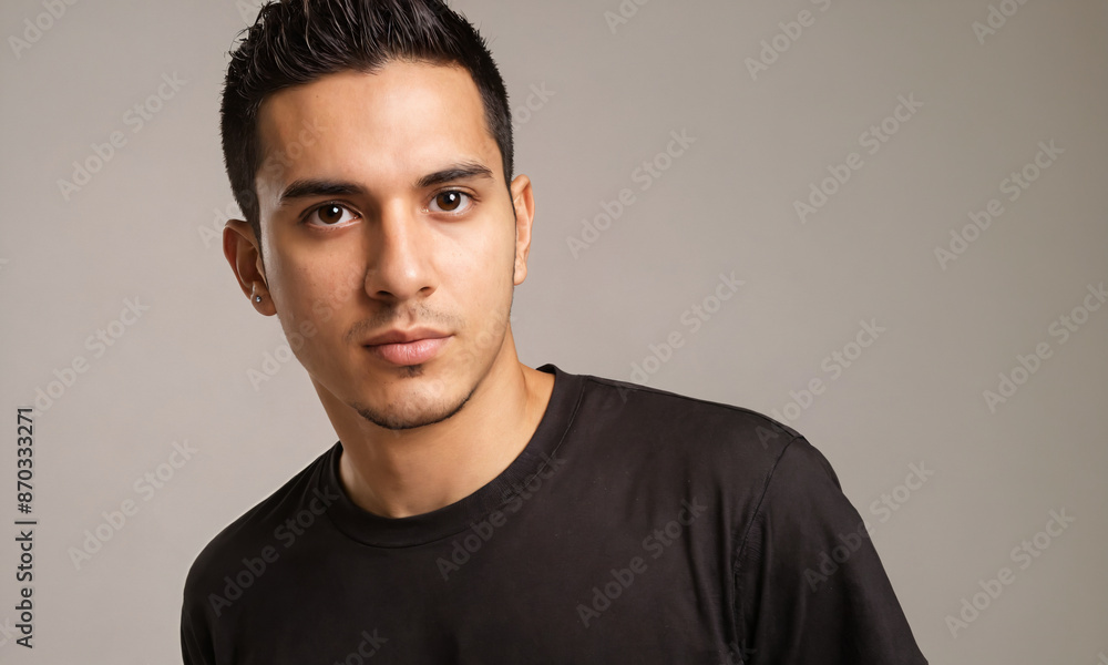 Young man in black t-shirt posing against a grey background Young man in black t-shirt posing against a grey background