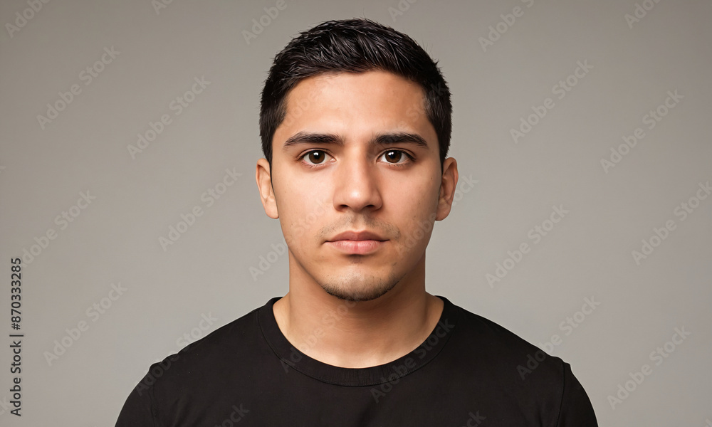 Young man with short black hair wearing a black t-shirt against a gray background Young man with short black hair wearing a black t-shirt against a gray background