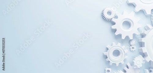 Abstract background with white gears on light blue backdrop symbolizing teamwork, industry, and innovation. Blank space for text or logo.
