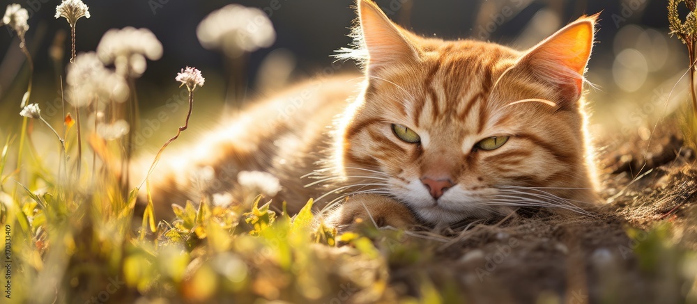 A cute orange striped cat enjoys the sun, resting on dry grass under the spring sun with clear copy space in the image. A cute orange striped cat enjoys the sun, resting on dry grass under the spring sun with clear copy space in the image.