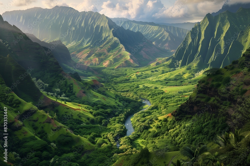 Fototapeta premium /imagine A lush, green valley nestled between towering mountain ranges, with a river flowing through the landscape and the peaks bathed in the warm light of the setting sun.