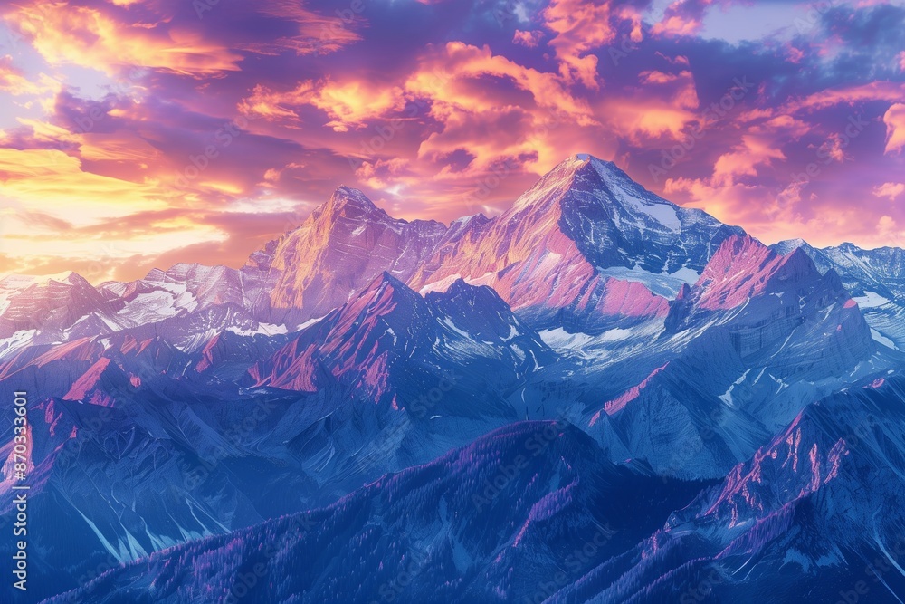 Obraz premium /imagine A panoramic view of a mountain range at sunset, with the sky painted in vibrant shades of pink, purple, and orange, and the peaks bathed in the soft, warm light of the setting sun.