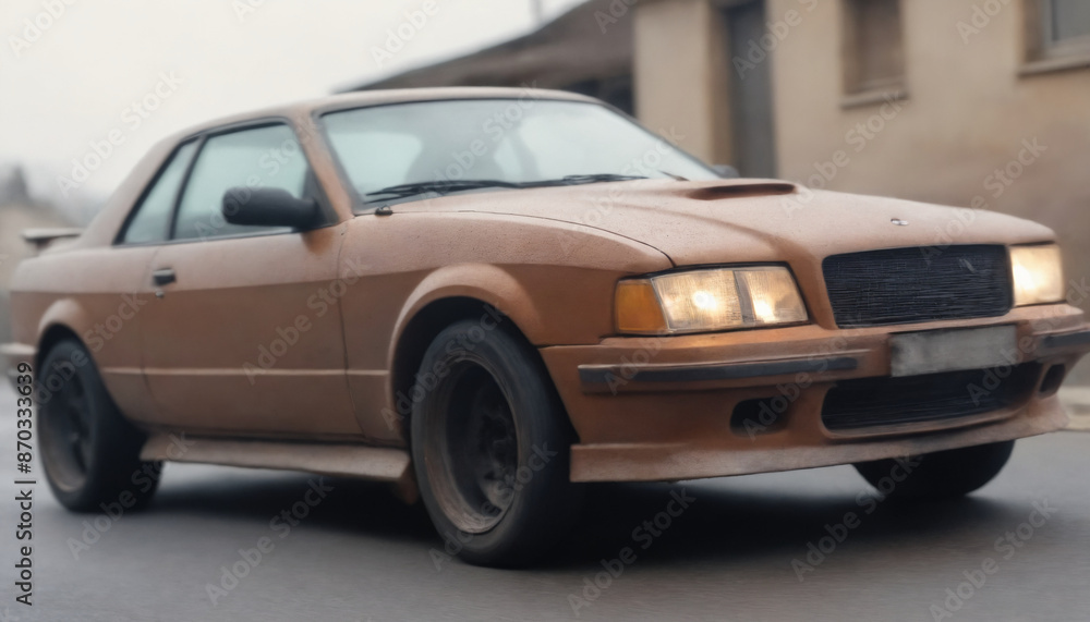 Brown old car coupe driving on a street in a european city Brown old car coupe driving on a street in a european city