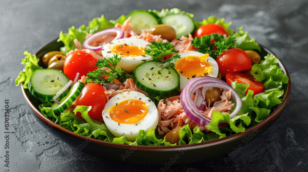 Fresh Salad with lettuce leaves, tomatoes, tuna meat, cucumber, bell pepper half rings olive red onion and canned egg served on a dark marble ceramic plate table Fresh Salad with lettuce leaves, tomatoes, tuna meat, cucumber, bell pepper half rings olive red onion and canned egg served on a dark marble ceramic plate table