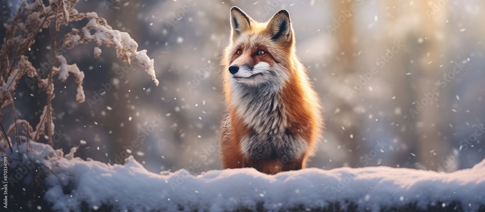 Fototapeta premium A fox standing elegantly in the snow, creating a picturesque image with vast copy space around.